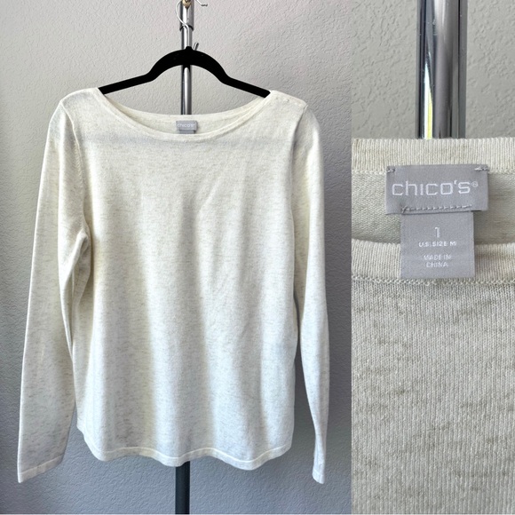 Chico’s‎ Shirt Women's Size 1 (M/8) White Gold Speckled Business Casual Basic - Picture 1 of 12
